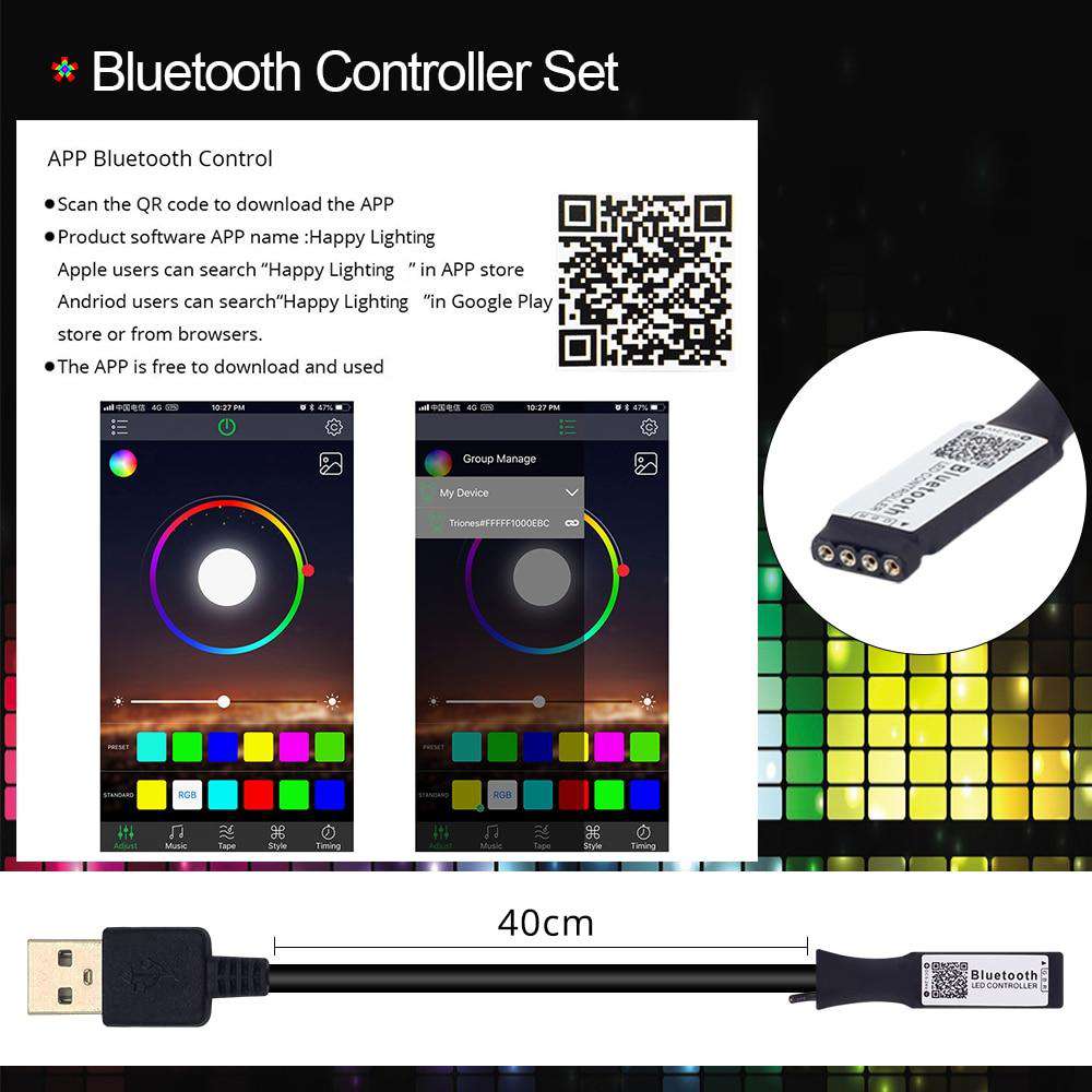 USB LED Strip 5050 RGB TV Background Lighting Kit Cuttable with IR RF Music Bluetooth RGB LED Controller, 0.5M/1M/2M Set - Hex Touch Lights